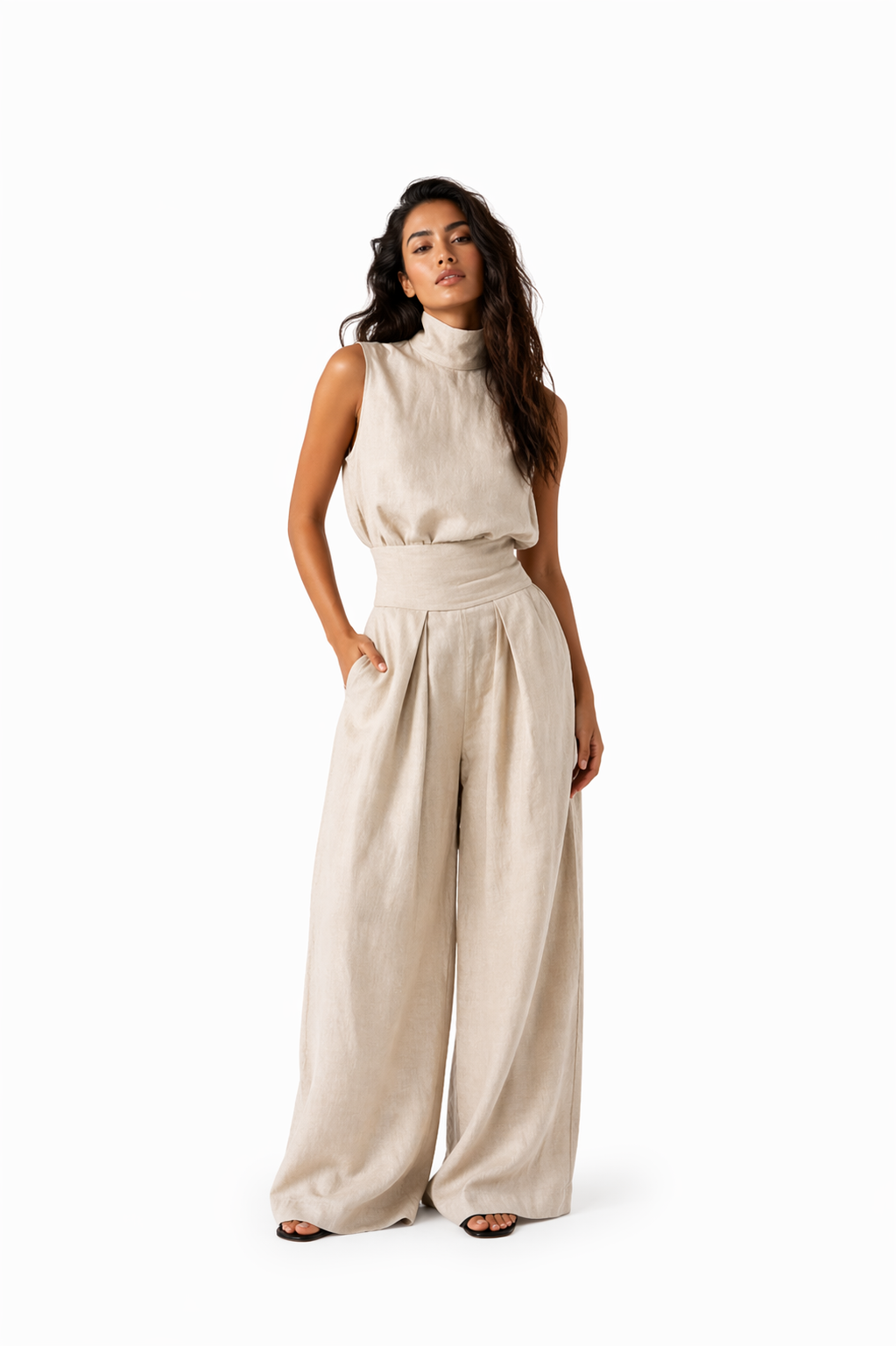 Completo minimalista da donna con top senza maniche e pantaloni a palazzo in cotone e lino - Tere