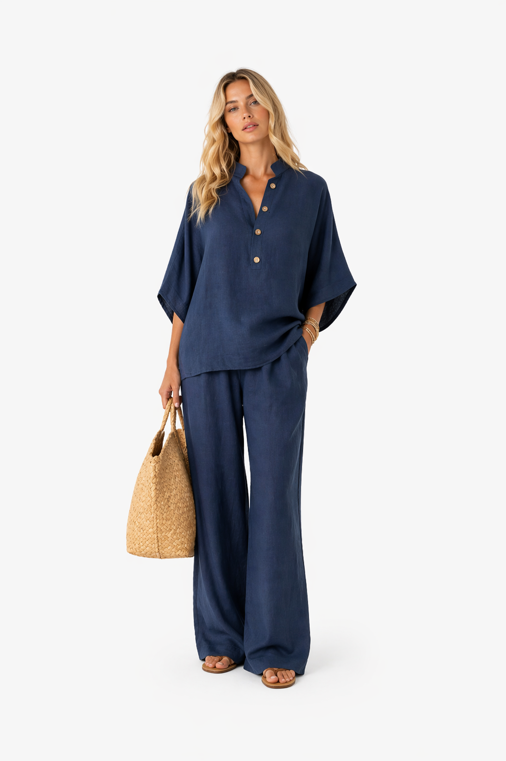 Completo in lino con maniche a pipistrello e pantaloni larghi - Maribel