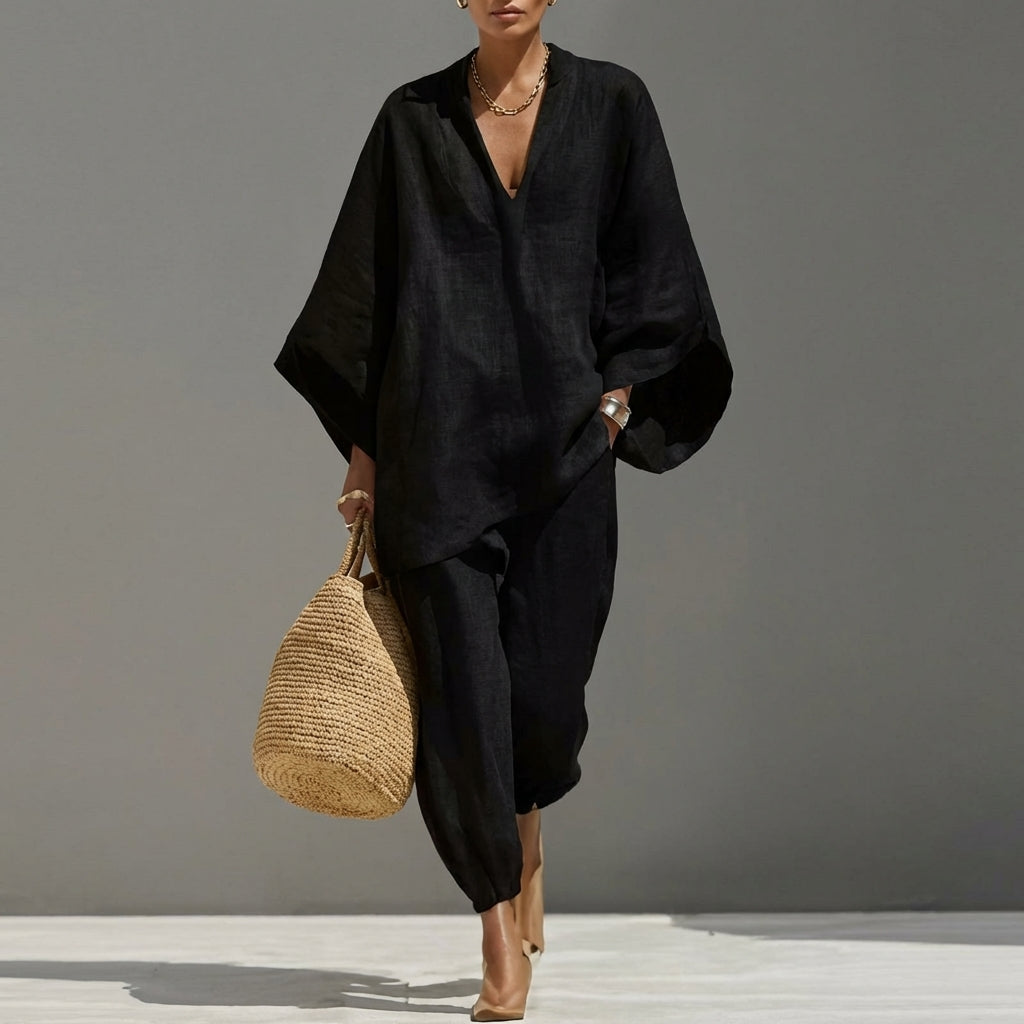 Completo casual due pezzi con scollo a V - Blu marino