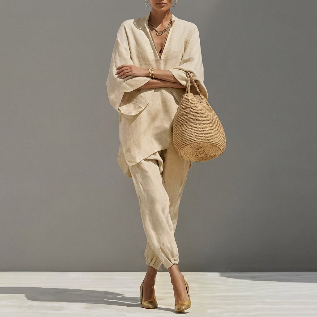 Completo casual due pezzi con scollo a V - Blu marino