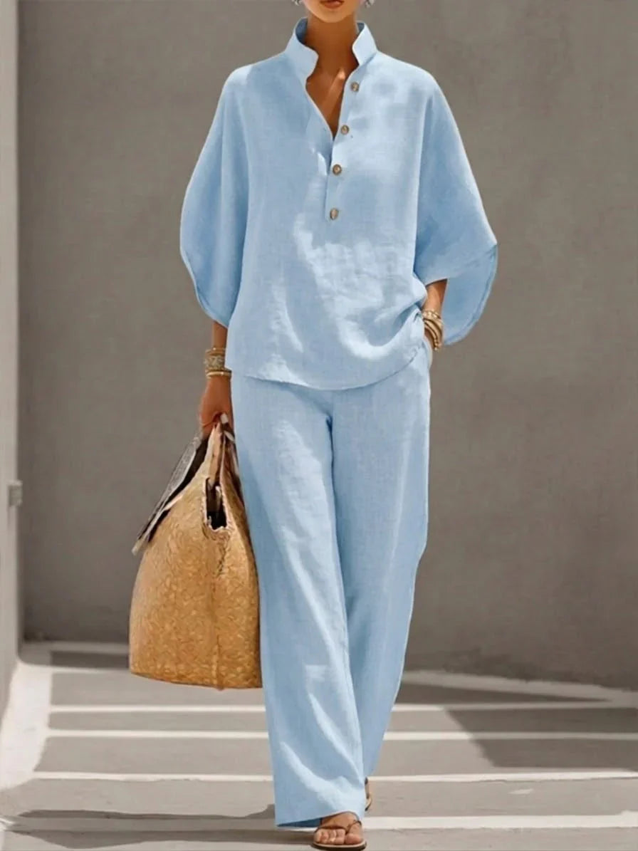 Completo in lino con maniche a pipistrello e pantaloni larghi - Maribel